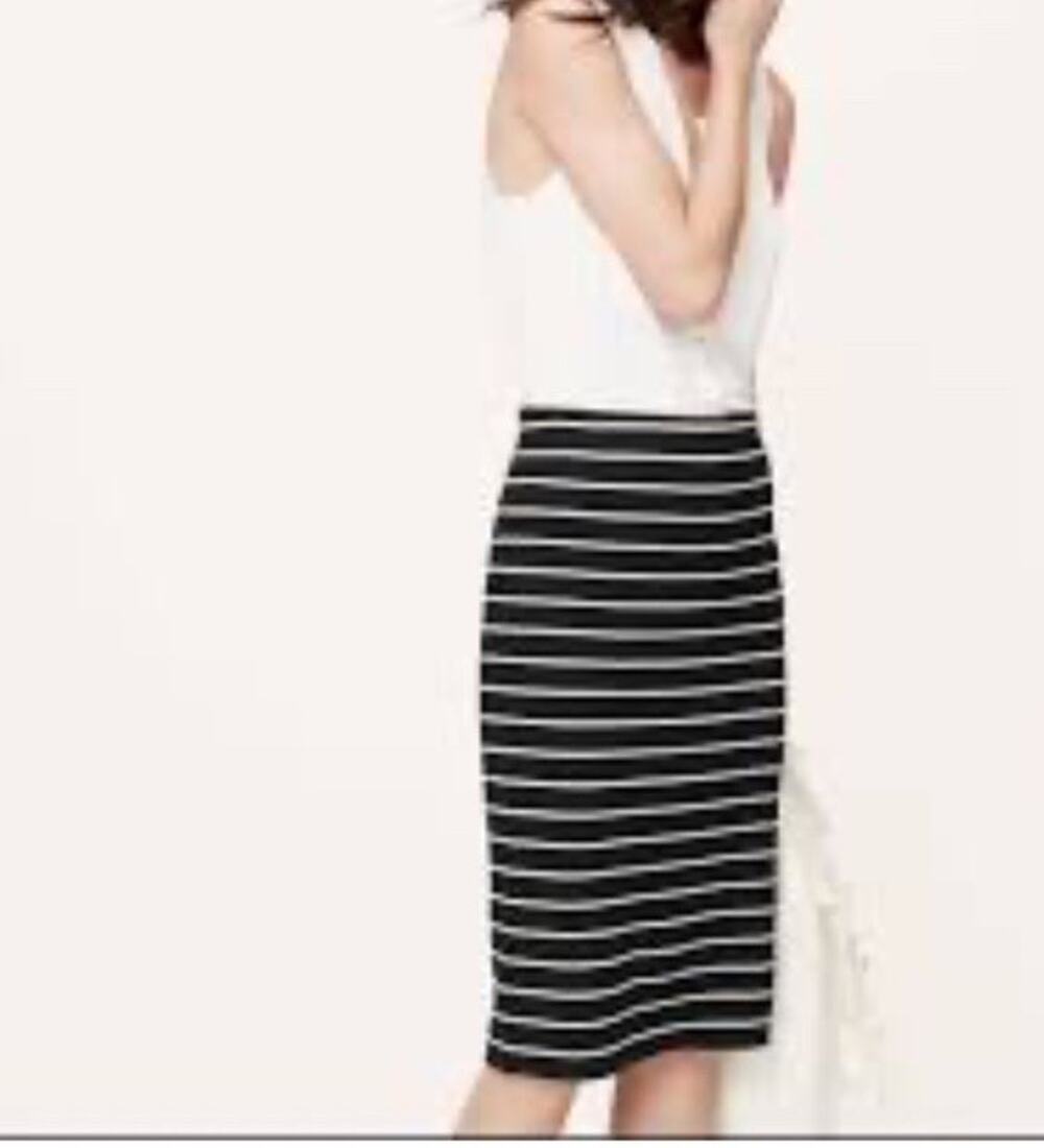 Loft Black & White Stretch Striped Below Knee Length Pencil Skirt Sz On Sz Lg